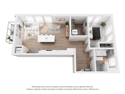 Floor plan for 1 bed, 1 bath, 821 sqft
